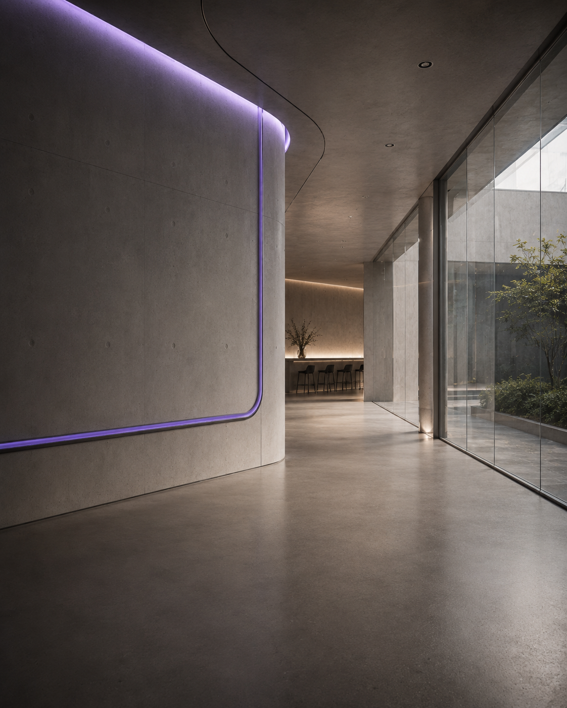 Moderne Venue-Architektur aus Beton und Glas mit violetter Lichtlinie