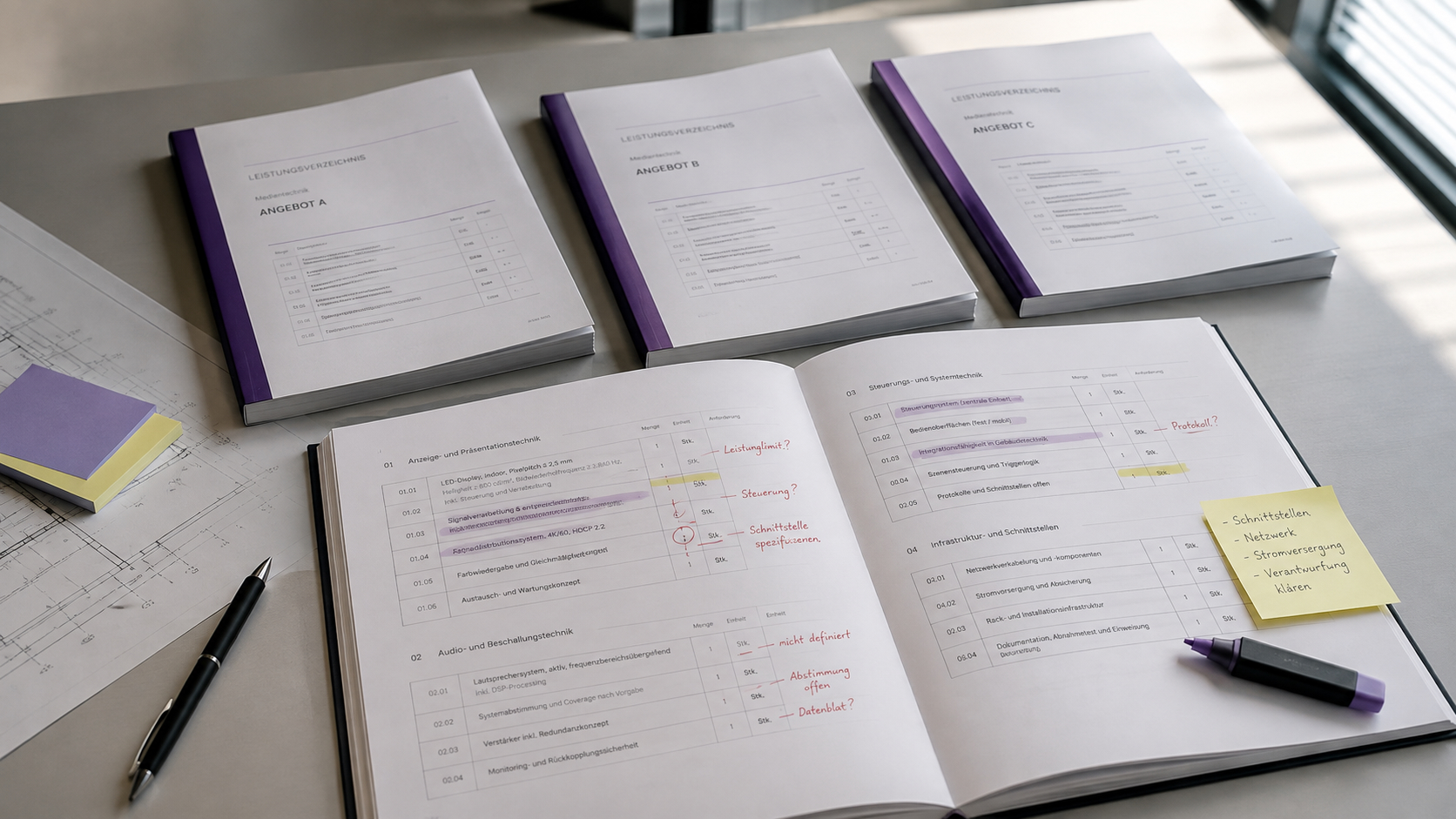 Drei technische Angebotsunterlagen und ein geöffnetes Leistungsverzeichnis mit markierten Positionen als Visualisierung für Ausschreibung, Angebotsvergleich und Vergabe von Medientechnik
