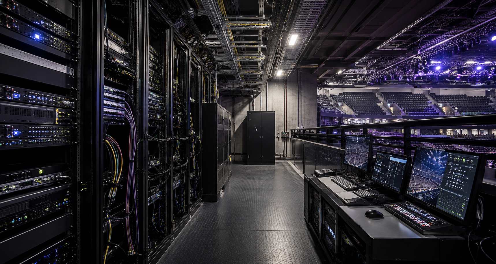 Technische Bestandsinfrastruktur mit Serverracks und Steuerungstechnik in einer modernen Venue