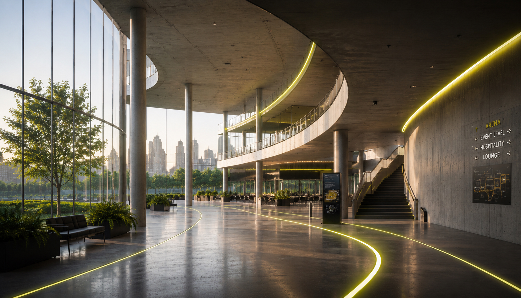 Moderner Venue-Innenraum mit geschwungener Betonarchitektur, Glasfassade, Treppenanlagen, Begrünung und limettengrüner Lichtführung