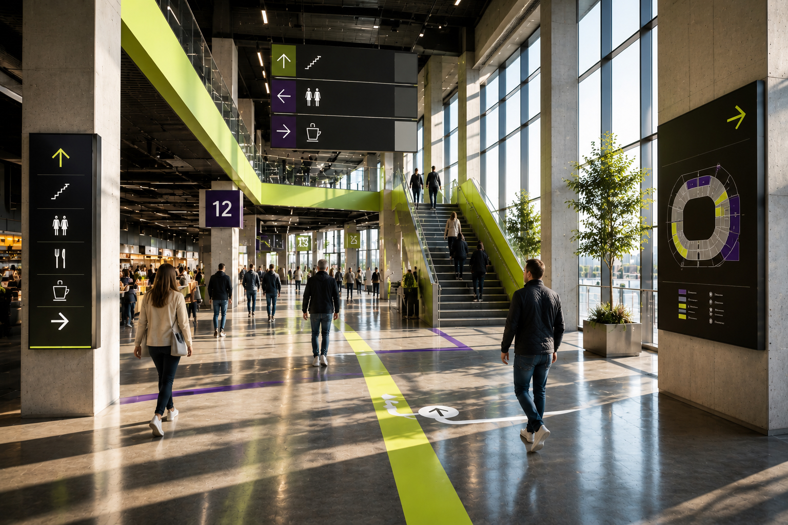 Besucherführung in einem modernen Stadion-Concourse mit digitalen Orientierungselementen und Farbcodierung
