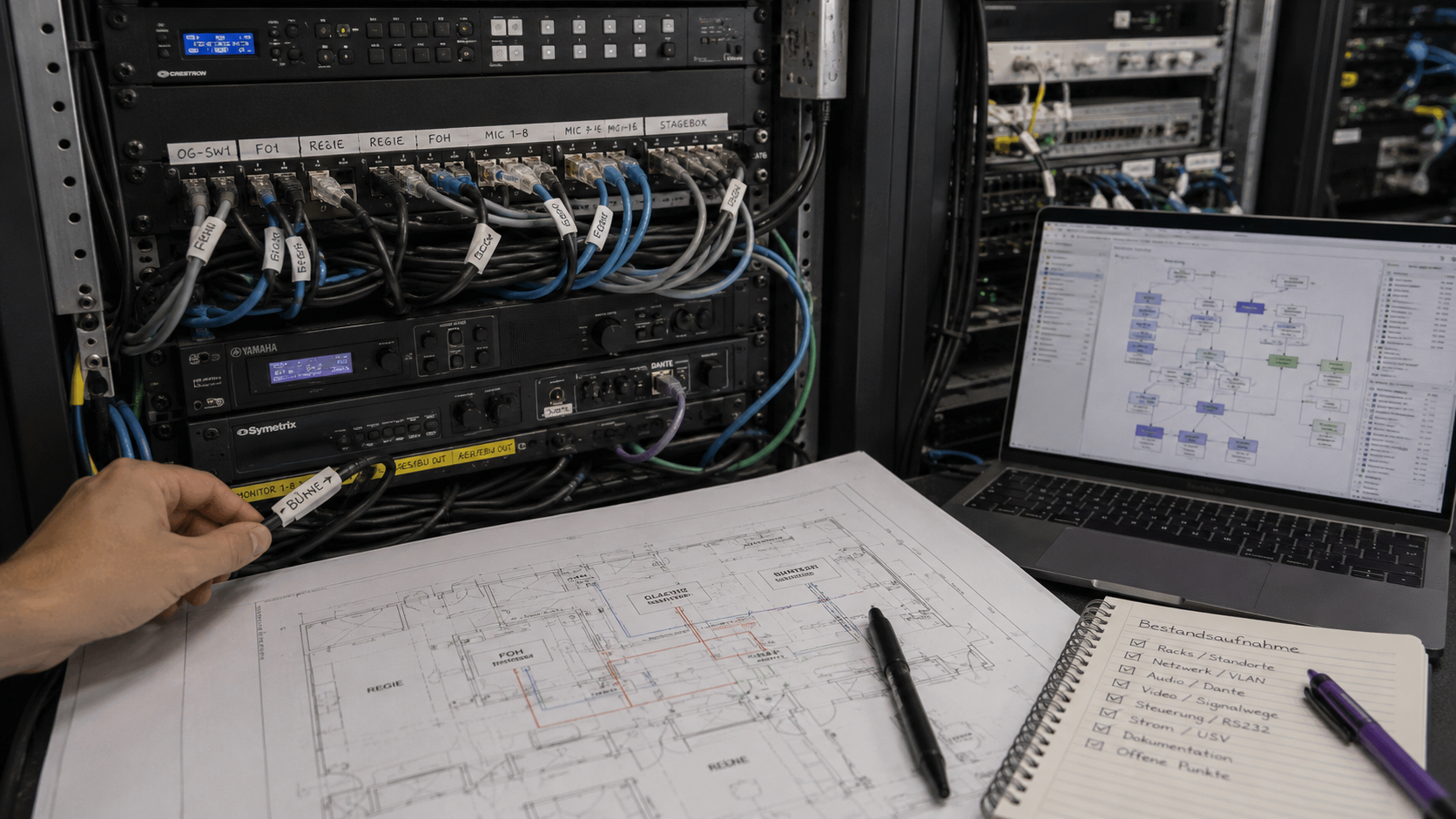 Bestehendes Medientechnik-Rack mit Patchfeldern, Verkabelung und Systemkomponenten neben Laptop mit Netzwerktopologie und Bestandsplänen als Visualisierung für die Analyse technischer Infrastruktur