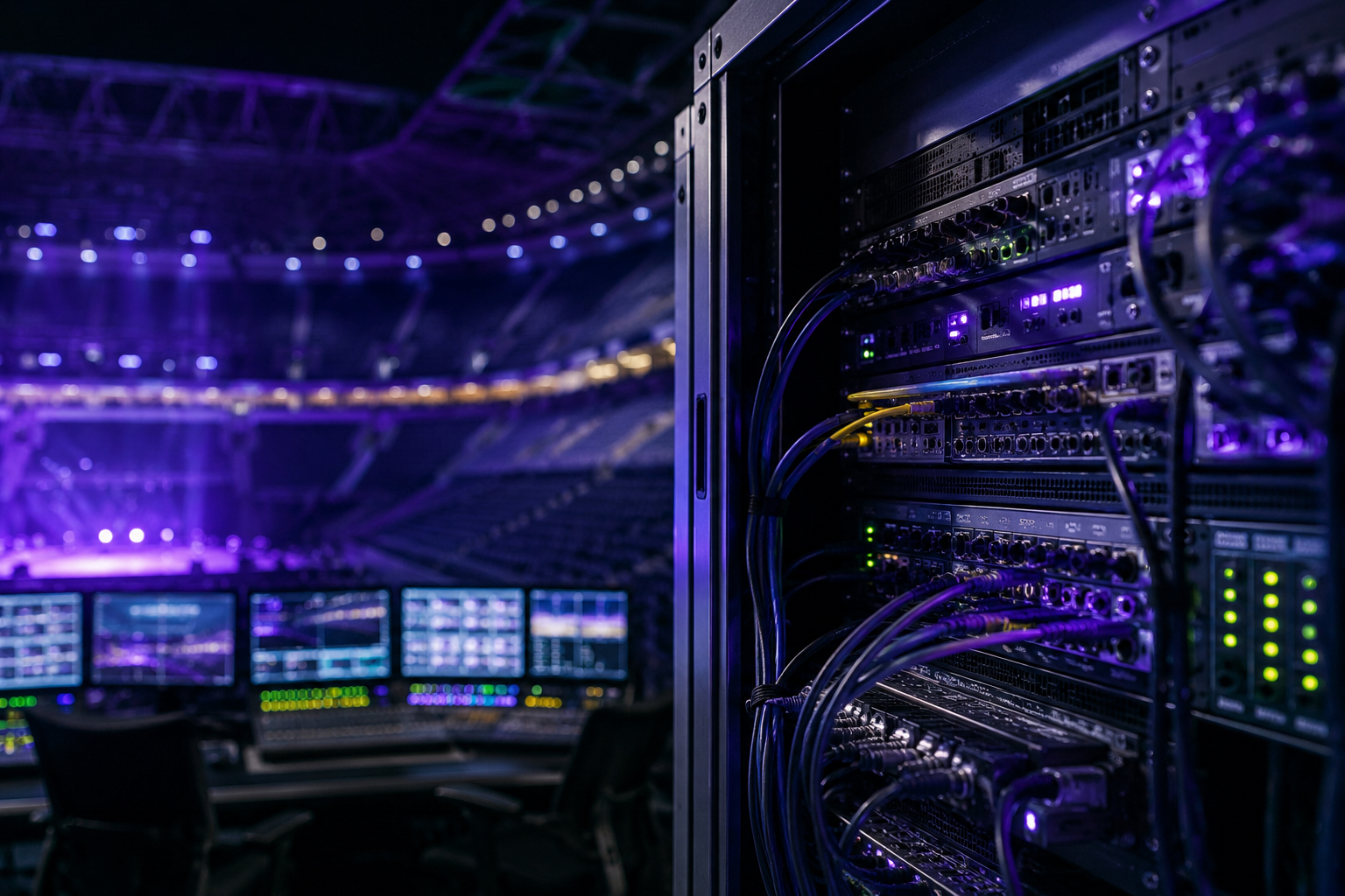 Technische Medientechnik-Infrastruktur in einem Venue mit AV-Rack, Verkabelung und Steuerungstechnik
