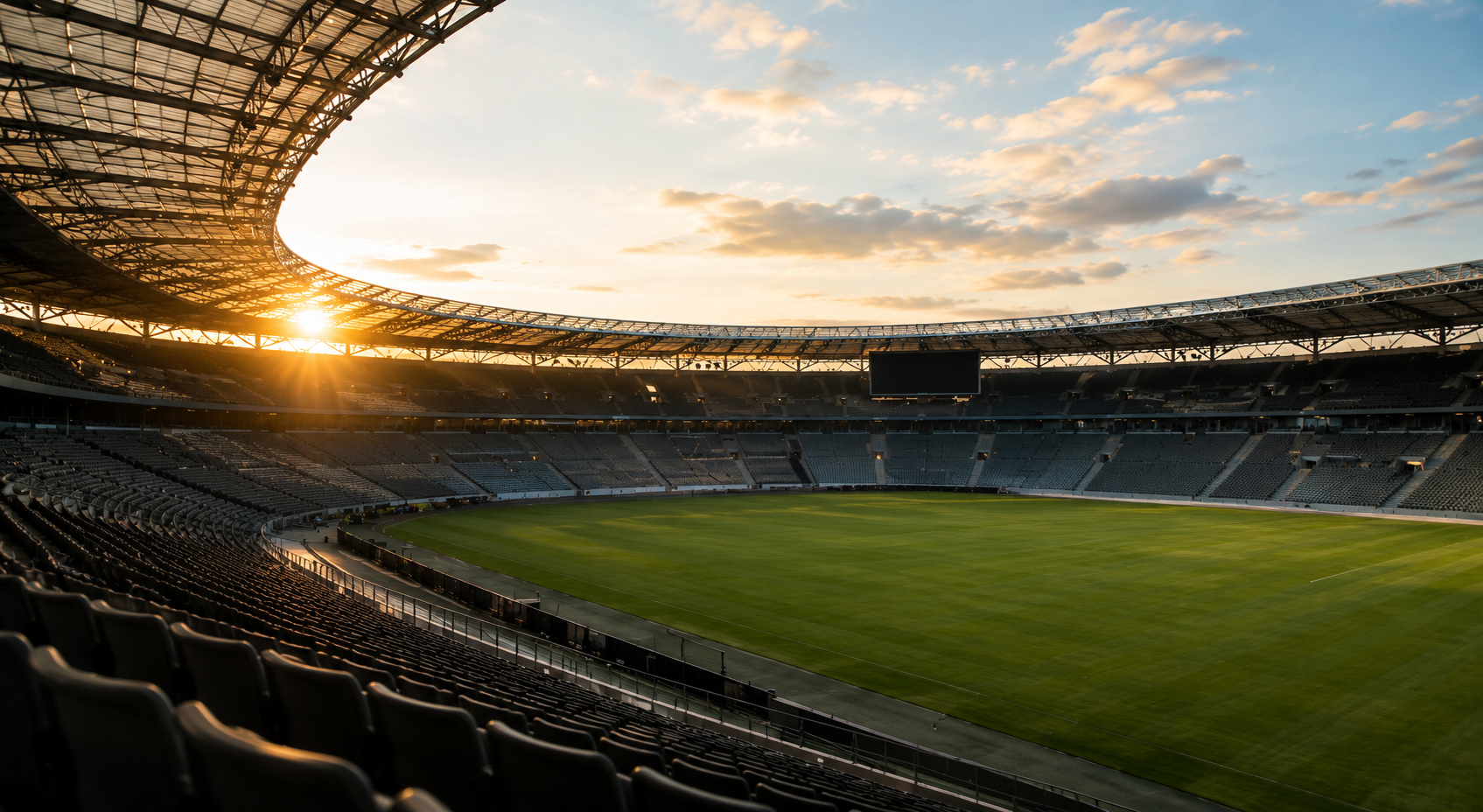 Modernes Stadion mit großzügiger Tribünenarchitektur, Spielfeld und integrierter Medientechnik bei natürlicher Lichtstimmung