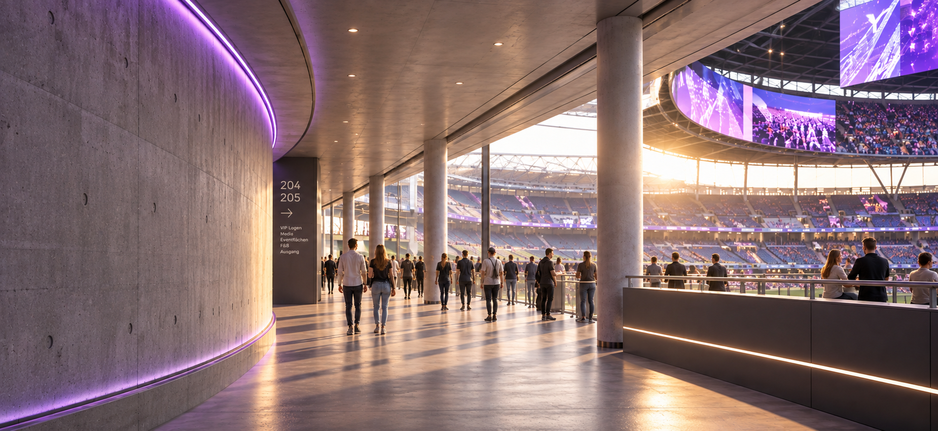 Moderner Stadion- und Arena-Innenraum mit integrierter Medientechnik, violetter Lichtinszenierung und Besuchern in Bewegung