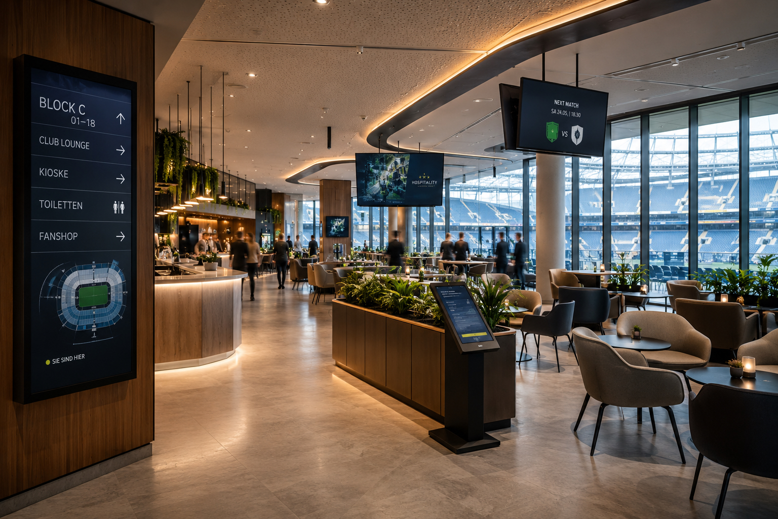 Hospitality- und Aufenthaltsbereich eines modernen Stadions mit integrierter Medientechnik und Besucherführung